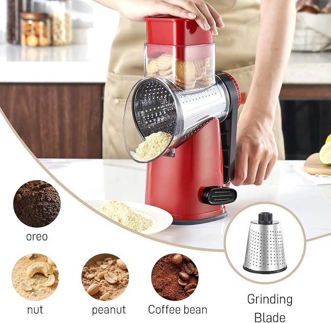 Weltonhm 4 in 1 Large Rotary Cheese Grater Hand Crank (Red black 4 Graters) | Cheese Shredder Rotary and Slicer with 4 Stainless Steel Blades for Vegetables, Veggie and Cheese, Stronger Suction Base