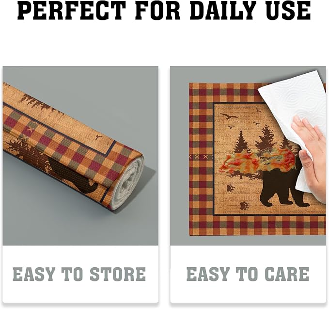 Rustic Bear Forest Pine Tree Placemats Set of 4, Wildlife Paw Print Buffalo Plaid Table Place Mats 18 x12 Inch Heat Resisting Non-Slip Table Mats for Party Holiday Kitchen Farm Indoor Decor
