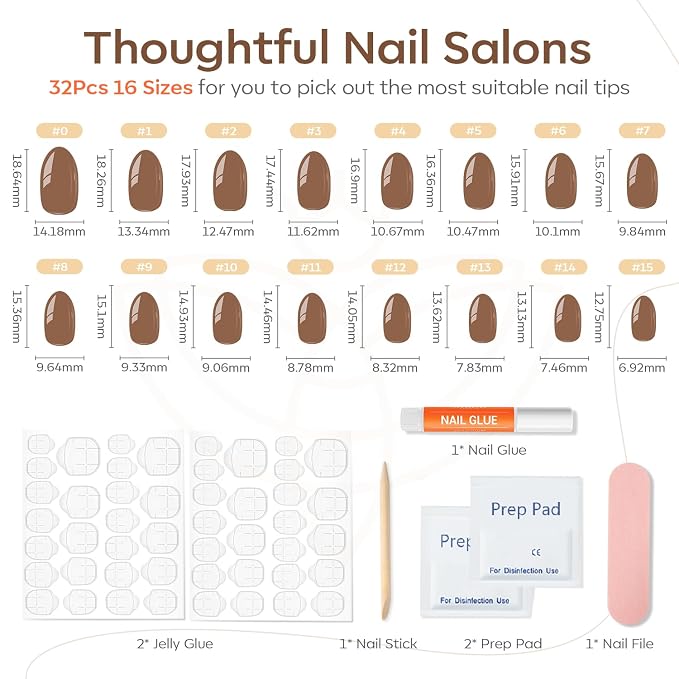 modelones Brown Press on Nails Short, Oval Fake Nails Kit Nails Press Ons | with Nail Glue, Adhesive Tabs, Nail File, Prep Pad, Manicure Stick, 32Pcs 16 Sizes