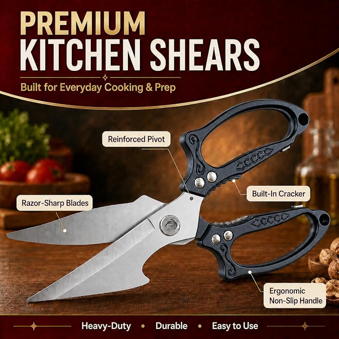 Black Heavy Duty Kitchen Shears, Stainless Steel Multipurpose Food Scissors for Chicken, Meat, Poultry & Vegetables, Sharp Kitchen Scissors for Daily Cooking