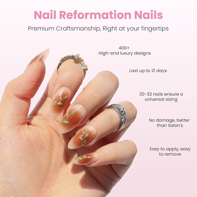 Nail Reformation Press On Nails, Rose Gold Foil Medium Almond Fake Nails | Brown Blush Shimmer with Glossy Finish, Reusable Stick On False Nails in 15 Sizes - 30 Nail Kit with Glue, Gifts for Women