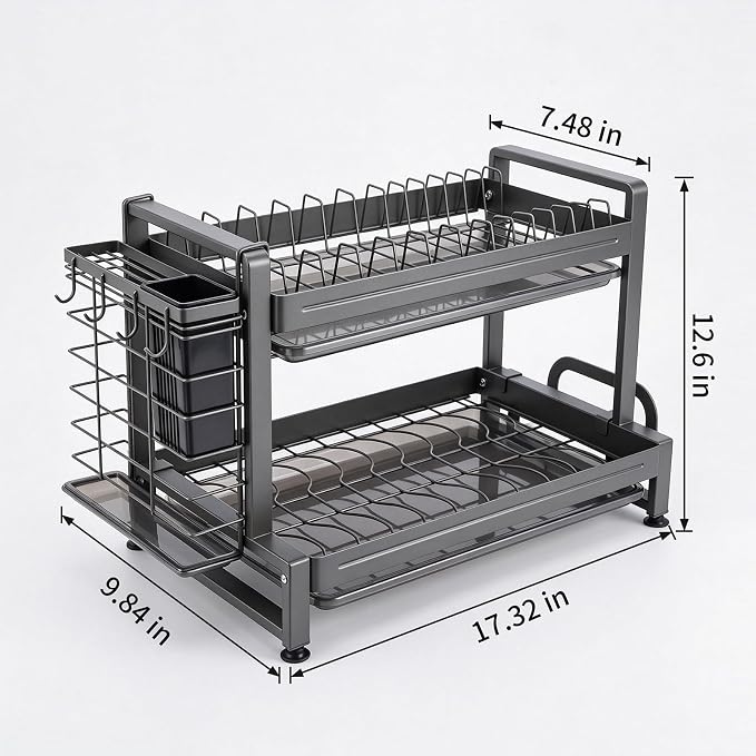 Dish Drying Rack for Kitchen Counter, Sink Storage Essentials, Home and Apartment Decor, Gray, 2-Tier Carbon Steel, Including Knife Holder, Utensil Holder, Cutting Board Stand