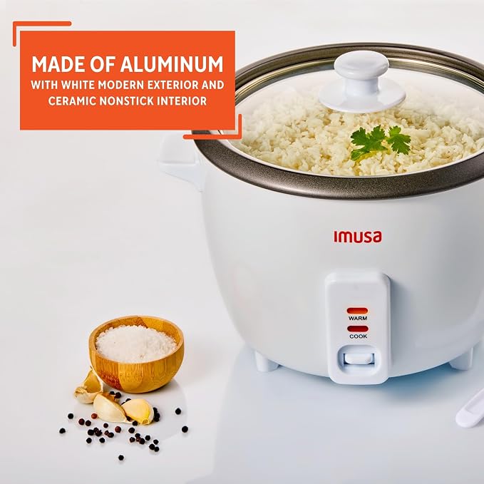 IMUSA 3 Cup Electric Ceramic Rice Cooker, White | For Rice Quinoa Oatmeal Stew, Compact for Dorms RVs Small Kitchens