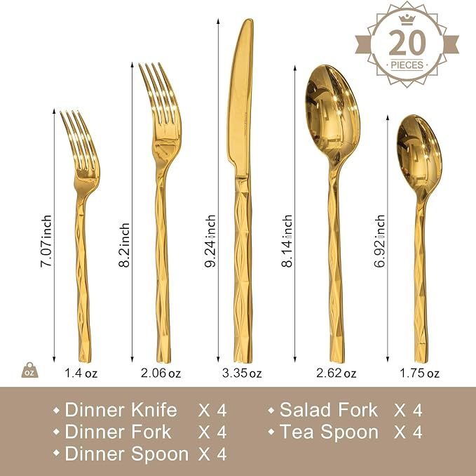 20 Piece 18/10 Gold Silverware Set, Stainless Steel Flatware Cutlery for 4 | KINGSTONE Luxury Silverware with Diamond Cut Pattern, Mirror Polished Utensils for Kitchen, Wedding, Party, Dishwasher Safe