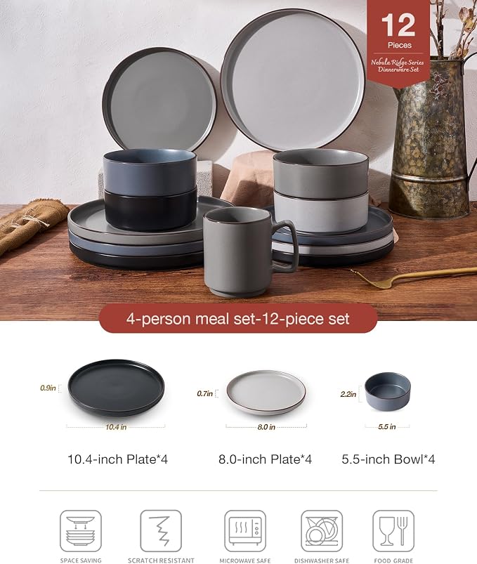 Famiware Nebula Ridge 12-Piece Stoneware Dinnerware Set, Multi-color | Plates and Bowls for 4, Warm Hand-Painted Rims, Microwave and Dishwasher Safe, Daily Essentials