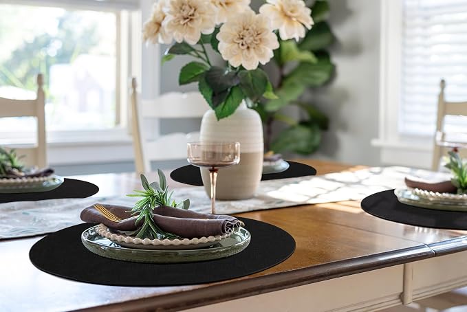 Round Faux Leather Placemat and Coaster 6 Packs, Washable Heat Resistant Dining Place Mats, Wipeable Double-Sided Table Mats for Indoor and Outdoor, Diameter 13 and 3.93 inch, Black