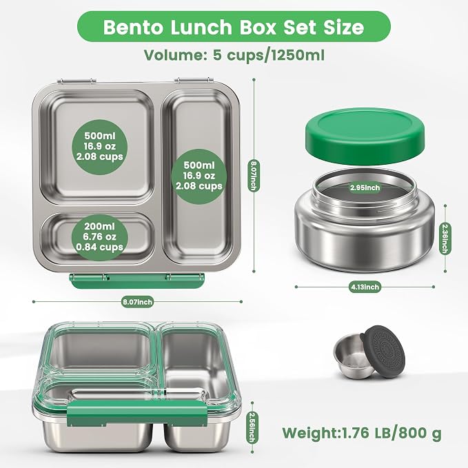 Stainless Steel Bento Box Kids Adult with 7oz Soup Thermo, Transparent Lid 3 Compartments Metal Bento Lunch Box with Insulated Food Jar,Lunch Box Container Sauce Cup for School,BPA-Free (Green)