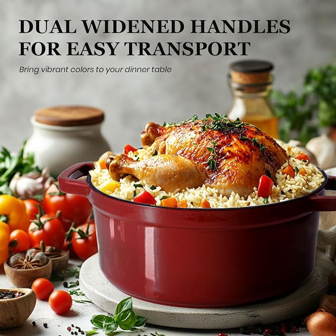 Overmont Enameled Cast Iron Dutch Oven - 5QT Pot with Lid Recipe Potholders | Pre-Seasoned Dutch Oven with Moisture-Sealing Lid, Oven Safe to 500°F, Heavy-Duty Cookware for Braising Stews Roasting Baking
