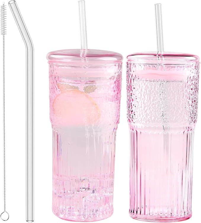 JunVpic Glass Coffee Tumbler, 20 oz Glass Cup with Lid and Straw | Pink glass design, Hammered Texture, reusable straw and lid for iced coffee, tea, smoothies and hot & cold drink