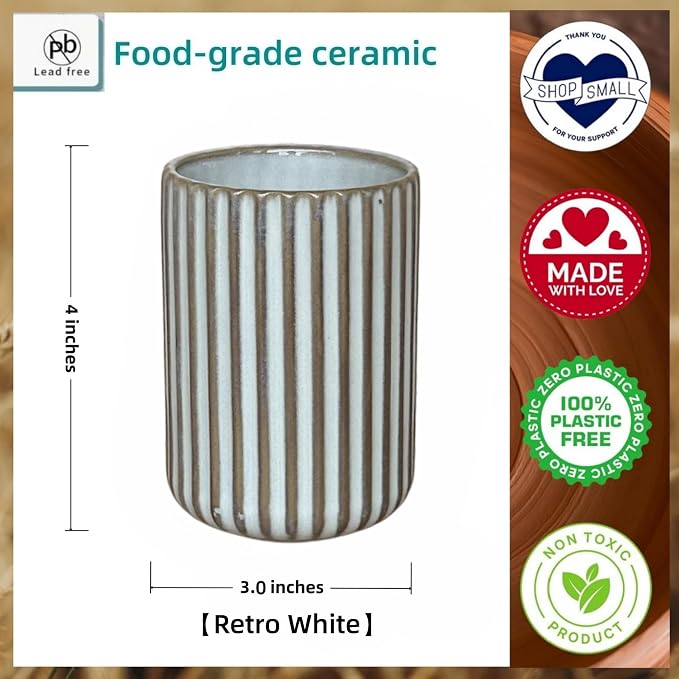 TOPYOKK Stoneware Coffee Bar Utensil Holder Tea & Coffee Spoon & Stirrer Holder for Stir Stick Straw Teaspoon Holder Espresso Spoon Cup Small Utensil Jar Fluted Vertical Stripe (Retro White)