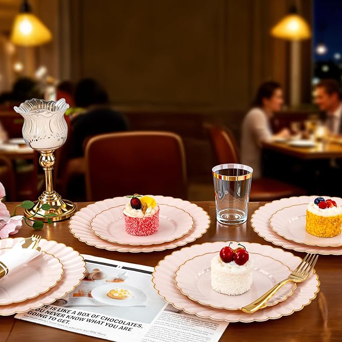 YOUBET 350PCS Pink Scalloped Plastic Plates for Wedding Party | Pink and Gold Disposable Dinnerware Set Include 100 Plates, 150 Gold Silverware, 50 Cups, 50 Napkins