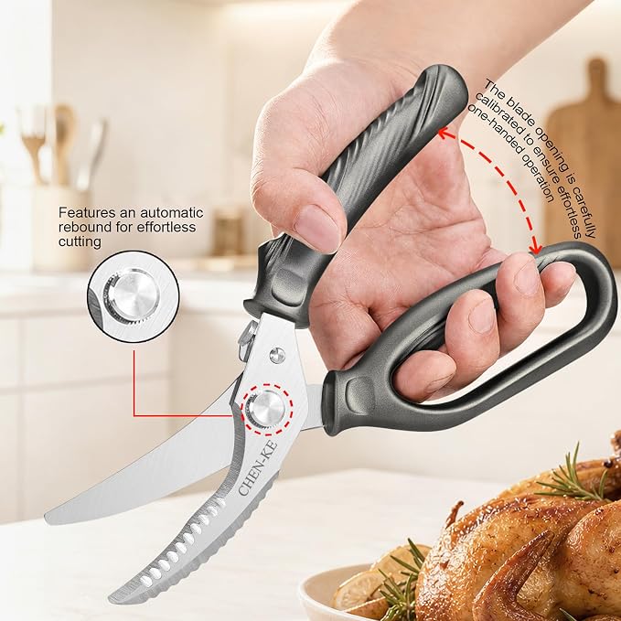 CHEN-KE Rust Resistant Heavy Duty Multipurpose Kitchen Shears-Grey | Stainless Steel Kitchen Scissors, One-Hand, Ergonomic Grip, Sharp Durable Poultry Scissors for Chicken, Meat, Food Cutting
