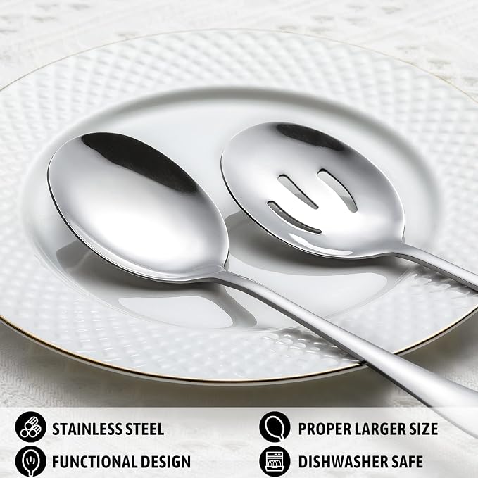 Hiware 8-Piece Serving Set - Includes 4 Spoons and 4 Slotted Spoons, 18/8 Stainless Steel Buffet Utensils - Mirror Polished, Dishwasher Safe, 8.6-Inch
