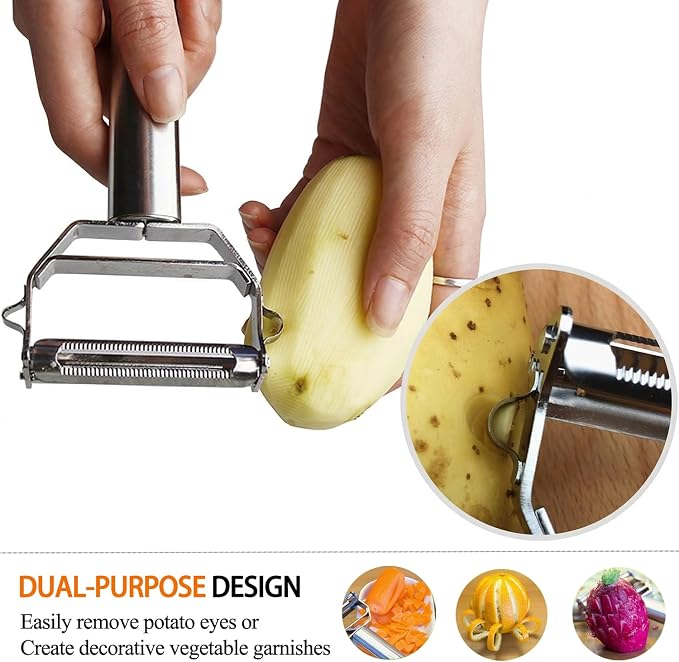 Sunkuka Potato Apple Vegetable Peeler Julienne Peeler for Kitchen - 3 in 1 Y Peeler for Fruit Veggie Carrot Cucumber Zucchini, Sharp Stainless Steel Peeler with Cleaning Brush