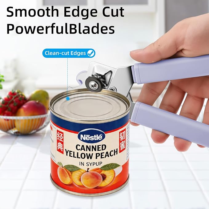 Tin Joy Family™ Manual Can Opener – Sharp Blade with No Sharp Edges, Easy Grip Handle for Arthritis Hands, Smooth Lid Safety Cutter for Elderly & Weak Hands (Grape purple)