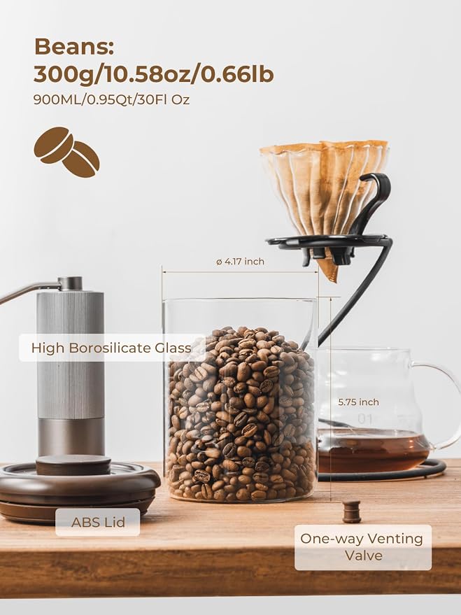 Coffee Container, 10 oz Airtight Glass Storage Canister, 2 Pack | Pop Lids, Separate Espresso, Whole Bean and Ground Varieties with One-way CO₂ Valves and Glass Bodies for Easy Refill Checks