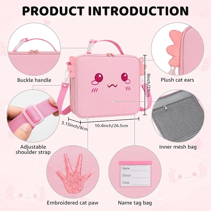 Insulated Axolotl Lunch Bag lonchera for Teen Girl Boy Kid Bento Box Reusable Large Capacity Portable Waterproof Leakproof with Name Tag to School Office Picnic Travel (1PCS Lunch Bag)