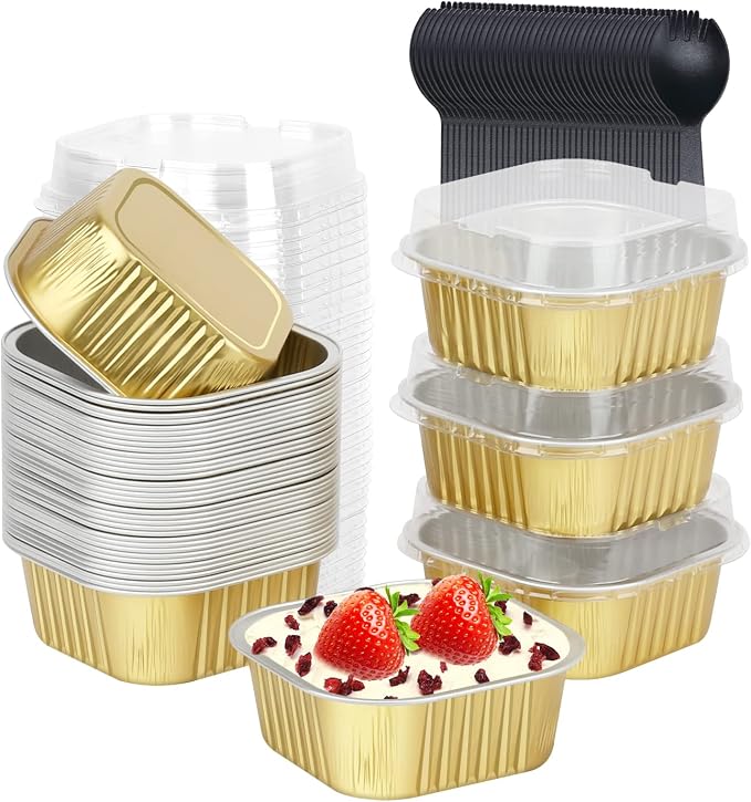 LNYZQUS 5oz Mini Cake Pans with Lids and Spoons, Disposable Brownie Tins | 40 Pack, Aluminum Foil, Square Cupcake Baking Cups, Individual Dessert Containers for Kids Party, Gold