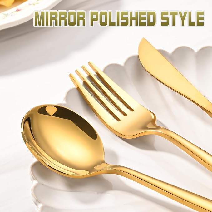 60-Piece Gold Silverware Set for 20, Food Grade Stainless Steel Flatware Set with Thickened Forks Spoons Knives, Mirror Polished Gold Cutlery for Wedding Party Restaurant, Dishwasher Safe