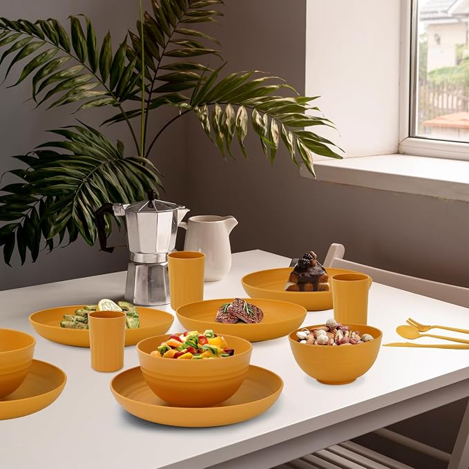 28-Piece Wheat Straw Dinnerware Sets, Microwave & Dishwasher Safe Unbreakable Dinnerware Set, Reusable Dishware Sets, Lightweight Camping Dishes, Plates, Cups, Cereal Bowls for 4(Yellow Orange)