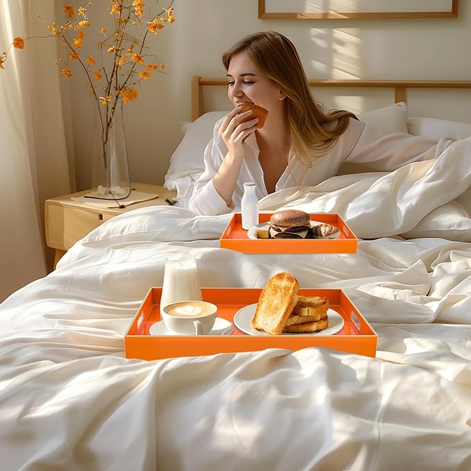 Orange Serving Tray with Handles, Plastic Decorative Tray Set of 2 | Decorative Tray for Coffee Table, Modern Ottoman Tray, Rectangle Melamine Tray for Living Room, 15.8"L x 10.2"W x 1.4"H