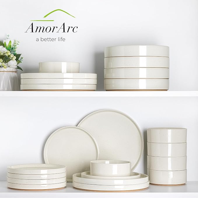 AmorArc Stoneware Dinnerware Sets for 4,12 Pcs Plates and Bowls Set | Handmade Ceramic Dish Set,Dishwasher & Microwave Safe,Scratch Resistant-Beige