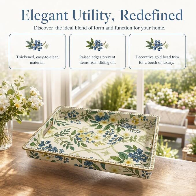 Decorative Serving Tray, Vintage Blue Berry Plastic Tray with Handles & Gold Rim, Multipurpose Storage Tray for Coffee Table, Bathroom, Kitchen & Entryway Home Decor. 15.7" x 11.8" x 1.57"