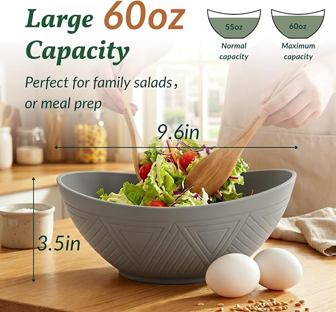 Wheat Straw Bowls, Large Salad Bowls Set of 6-60 OZ Serving Bowl for Kitchen, Camping, Party - Unbreakablke Microwave and Dishwasher Safe Big Cereal Bowl, Large Soup Bowl - Grey
