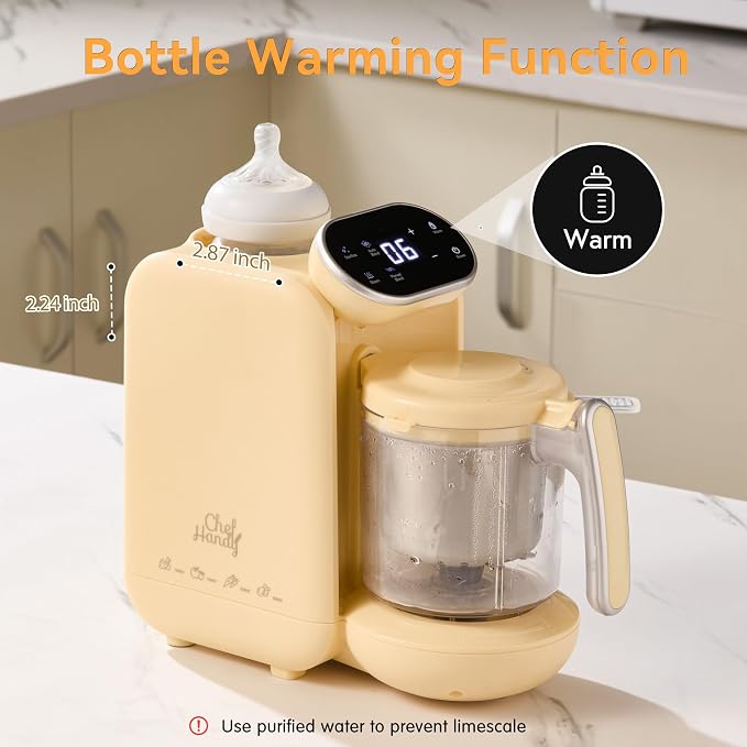 Chefhandy Baby Food Maker, One-Step Steamer & Blender, Yellow | Stainless steel basket, BPA-free food-contact parts, Adjustable texture, Homemade baby meals, 6 food pouches, Recipe guide