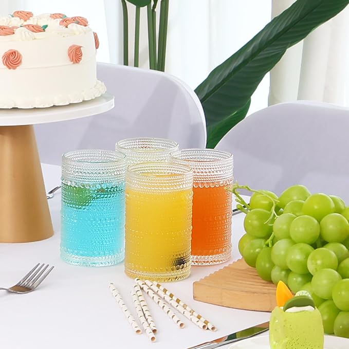 Moretoes 12 Oz Hobnail Drinking Glasses Set of 12 | Clear Highball Glasses Cups Vintage Kitchen Bar Tumbler Glassware Set for Whiskey, Beer, Juice, Milk and Various Mixed Drinks