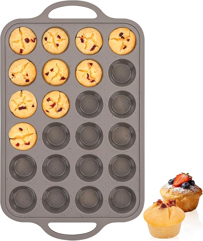 CAKETIME Mini Cupcake Pans, Metal Reinforced Frame Silicone Mini Muffin Pan Nonstick 24 Cups Easy to Handle for Baking Muffins, Cupcakes, Egg Bites 1 Pack