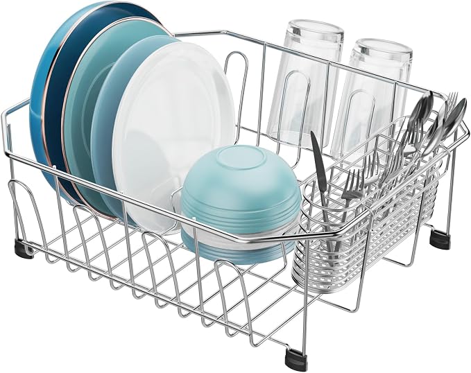 Small in Sink Dish Drying Rack - Stainless Steel for RV Kitchen | Compact Design, Rust-Resistant, Angled Corners Fit Square & Round Sinks, Removable Utensil Holder, Cup Hooks, 13.1"W x 14.4"L