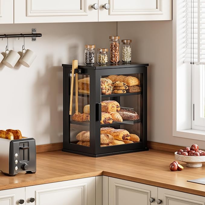 WOWLIVE Bread Box for Kitchen Countertop, 3 Layers Bread Storage Container | Large Bamboo Bread Bin for Homemade Bread with Window, Farmhouse Breadbox Organizer for Kitchen, Cabinet, Black, Meduim