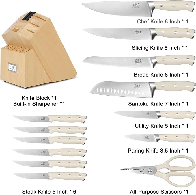 Knife Set, 15 Pcs Knife Block Set with Built-in Sharpener, High Carbon Stainless Steel Kitchen Knives, Japanese Stainless Steel Knives, Home Essentials Perfect for Gifts, Natural Pro