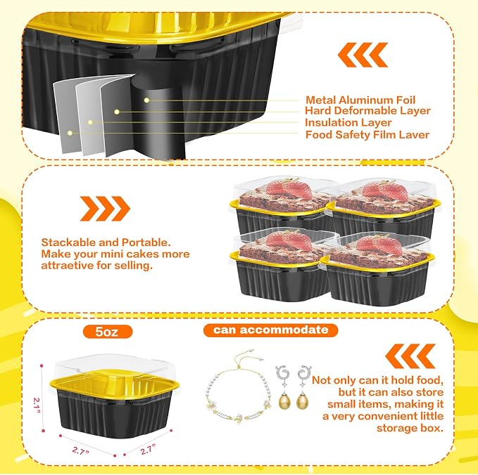 60Pack 5oz Black&Gold Mini Cake Pans with Lids, Spoons and Stickers Baking Cups Aluminum Foil Pans Tins, Individual Dessert Cups Containers for Sales,Party,Picnics