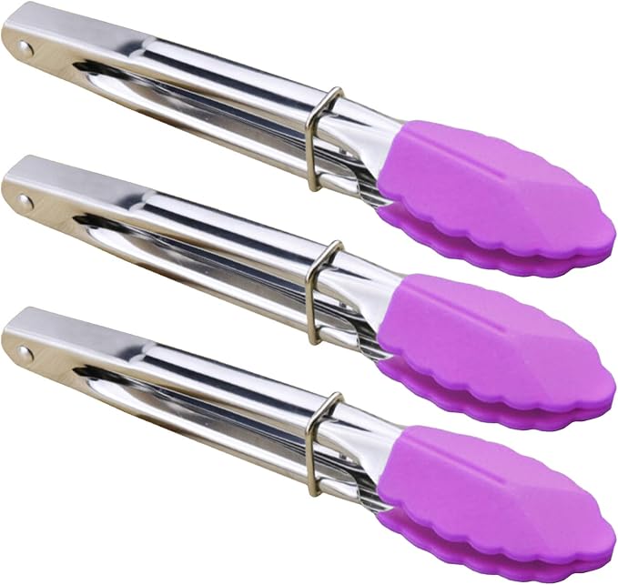 HINMAY 7-Inch Stainless Steel Tongs with Silicone Tips, Set of 3 (Purple) | 7-Inch Locking Metal Food Tongs