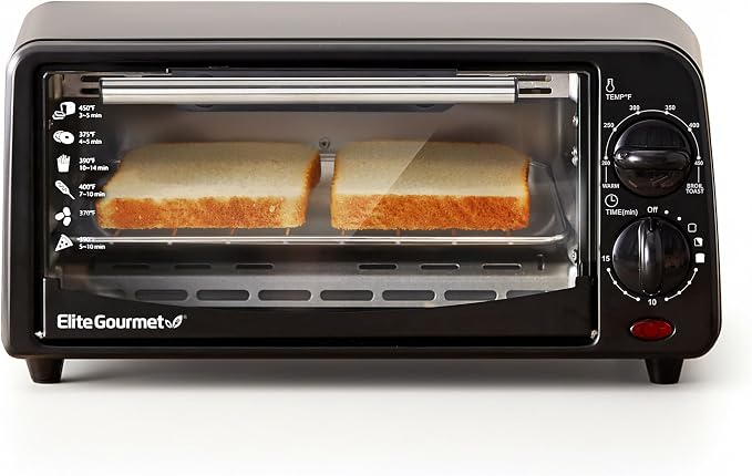 Elite Gourmet ETO236 Compact 2-Slice Toaster Oven, 15-Min Timer, Black | Bake, Broil, Toast & Adjustable Temperature, Countertop Design - fits small kitchens, dorms and RVs