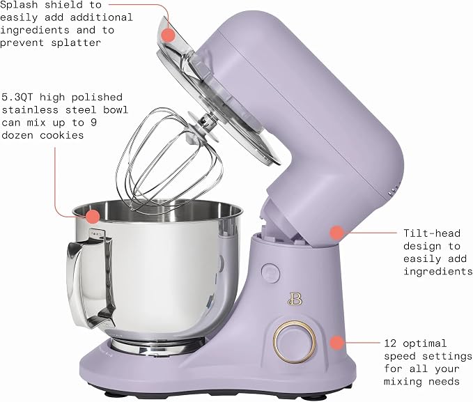 5.3 Qt Stand Mixer, 300W Electric Kitchen Mixer with 12 Speeds, Tilt Head Design, Stainless Steel Bowl, Dough Hook Whisk Beater Splash Guard (Lavender)