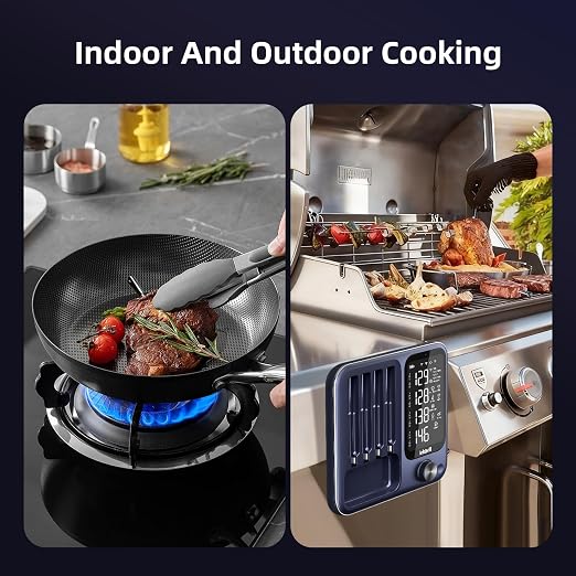 Wireless Meat Thermometer Digital with 4 Probes & IP67 Waterproof，2 Sensors in 1 Probe, WiFi Unlimited Range Real Time Monitoring Smart Meat Thermometer for Cooking, BBQ, Grill, Oven, Smoker