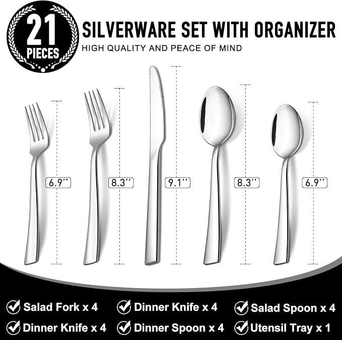 Stainless Steel Cutlery Silverware Set for 4 Eating Utensils Flatware Sets | 21 Pieces Kitchen Silverware Set with Organizer Tray Forks Spoons and Knives Sets Heavy Duty Tableware Set Dishwasher Safe