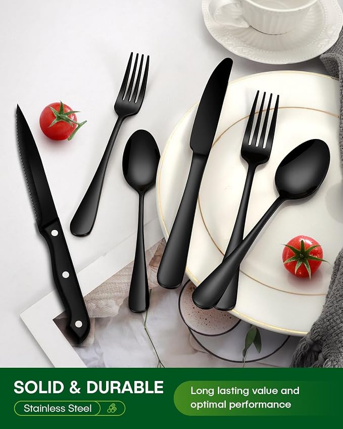 PHILIPALA 24-Piece Black Silverware Set with Steak Knives Food-Grade Stainless Steel Flatware Set for 4 Mirror Cutlery Dishwasher Safe Utensil Sets for Home Restaurant