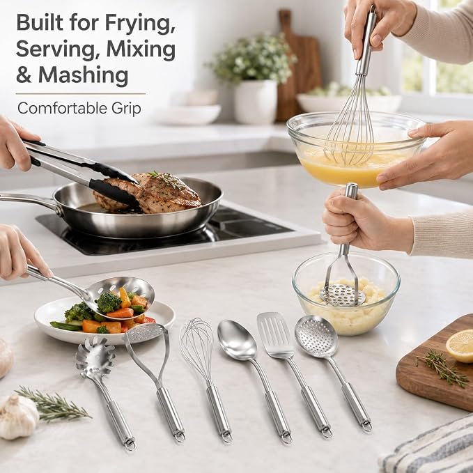 Pleafind Cooking Utensils Set - 9 PCS Stainless Steel Kitchen Utensils Set with Utensil Holder, Heat Resistant Wok Utensils Set, Kitchen Tools Set with Spatula, Ladle, Slotted Spoon, Dishwasher Safe