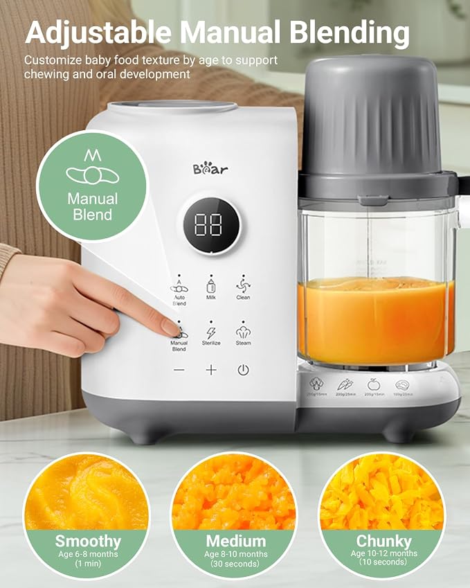 Bear Baby Food Maker Steamer&Blender with Dual-Layer Steam Baskets, 18.5oz | OneStep Baby Food Processor Puree Maker Grinder Mills Bottle Warmer, Sterili-zing for Healthy Homemade Baby Puree, BPA-Free