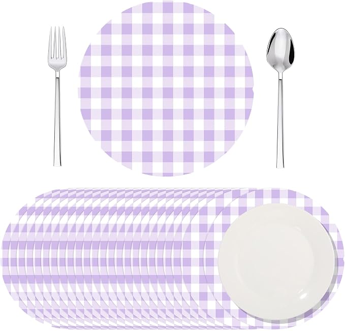 Funnymoom 60 Pcs Purple and White Gingham Disposable Paper Placemats Round Table Place Mat Summer Checkered Decorative Paper for Baby Shower Wedding Birthday Party Dinner Table Decor