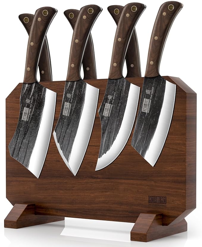 HOSHANHO 8PCS Butcher Kitchen Knife Set, Sharp Magnetic Knife Block Set | Hand Forged High Carbon Stainless Steel Chef Knives Set with Meat Cleaver Knife & Bone Chopper Knives Gift for Men