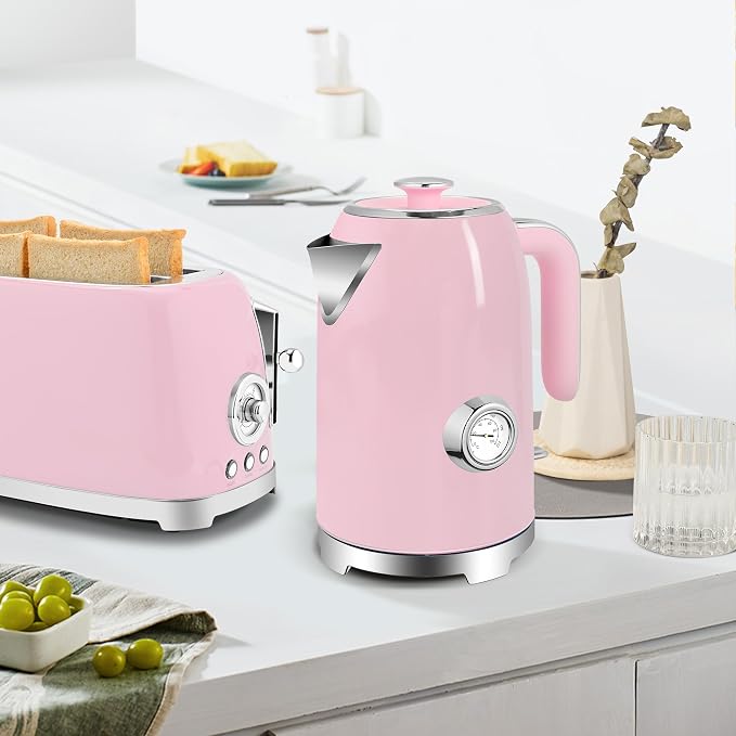 SUSTEAS 57oz Electric Kettle with Thermometer, Hot Water Pot, Pink | Electric Tea Kettle for Boiling Water, 1500W Stainless Steel Pot, Cordless LED Indicator, Auto Shut-Off & Boil Dry Protection