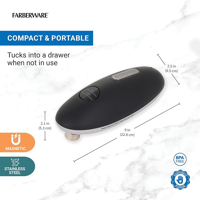 Farberware USB Rechargeable Electric Can Opener – Hands-Free Automatic Can Opener with Built-In Battery, Magnetic Lid Lifter, Compact Design, USB-C Charging Cord, Black