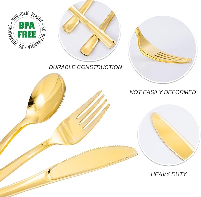 500PCS Gold Plastic Silverware, Disposable Plastic Cutlery/Utensils | Heavy Duty Flatware Kit, 200 Forks, 150 Spoons, 150 Knives, for Party, Wedding, Birthday & Everyday Use