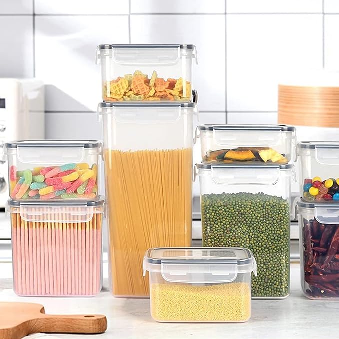 42pcs Airtight Containers, Clear Stackable Dry Food Storage | 42pk clear airtight containers with tight lids keep dry food fresh. Safe plastic, stackable for pantry kitchen storage