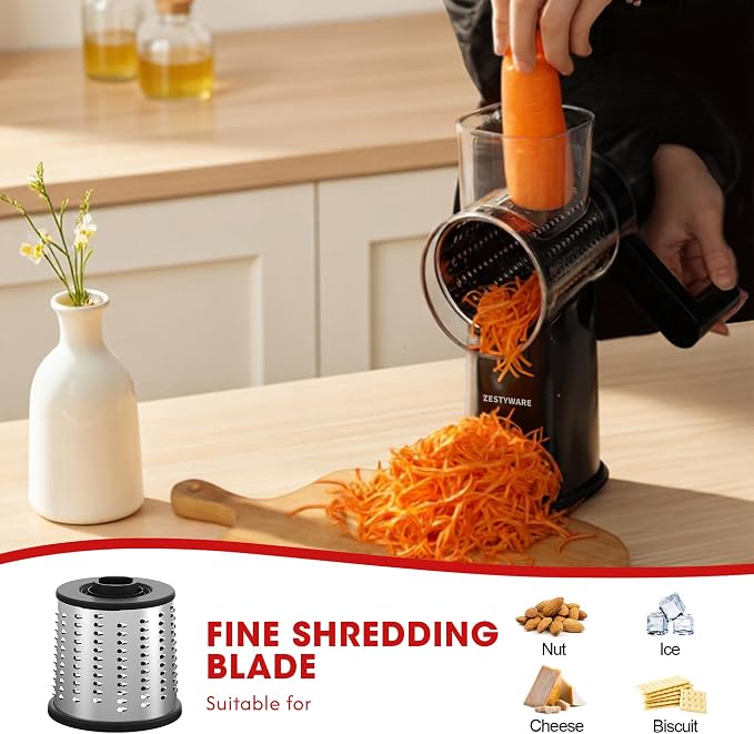 Rotary Cheese Grater Hand Crank with Foldable Handle, Three Blades | Perfect Graters for Kitchen, Fresh Cheese, Vegetables, Nuts, Shredder Hand Crank with Suction Base, Rotary Grader